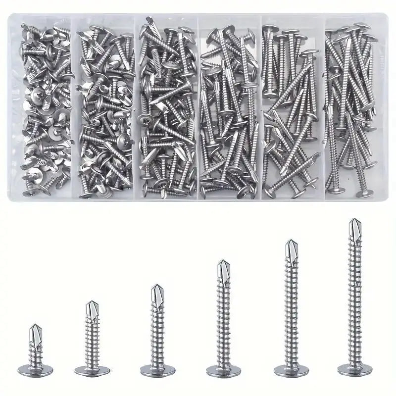 210pcs/410 Stainless Steel Cross Head Washer Self Drilling Screws, M4.2 Large Flat Head Self Tapping Self Drilling Screws, Self