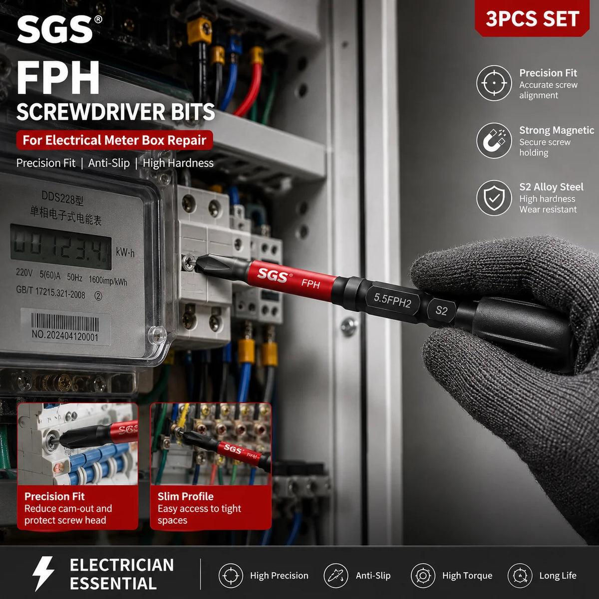 FPH Electrician Screwdriver Bit Set 65mm Magnetic S2 Steel Driver Bits for Meter Box Distribution Cabinet Circuit Breaker Electrical Equipment Repair