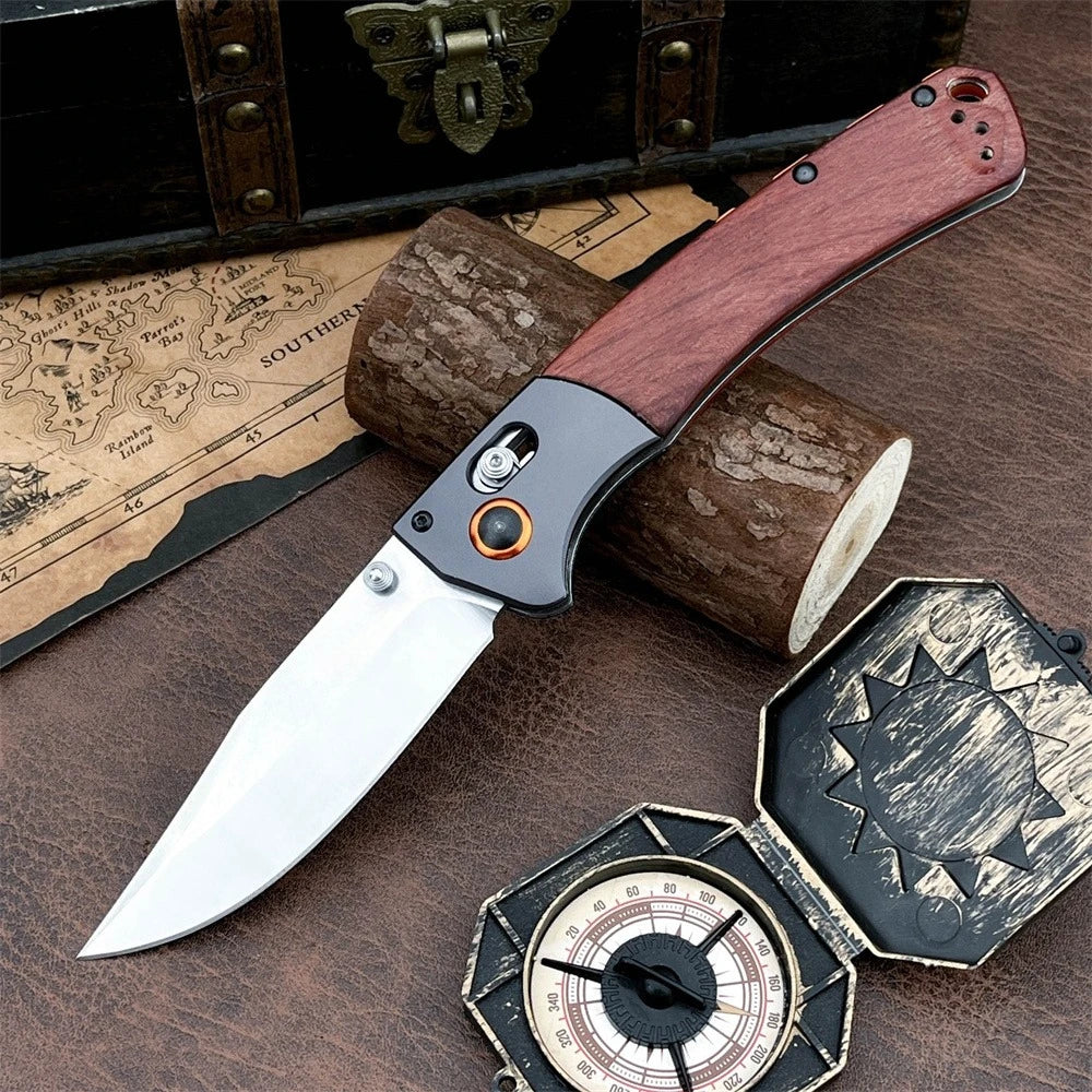 Damascus Steel Folding Pocket Knife BM 15080 with Wood & Blue G10 Handle Heavy-Duty Outdoor Cutting Tool for Daily & Outdoor Use
