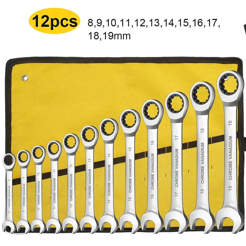 WEELEE Ratcheting Combination Wrench Set, Metric 6-19mm Auto Repair Key Wrenches,Spanner with Rolled Cloth Bags