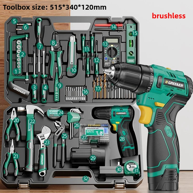Electrician Electric Drill Set Hardware Brushless Drill Tools Multi-function Complete Repair Power Tool Set Household Toolkit