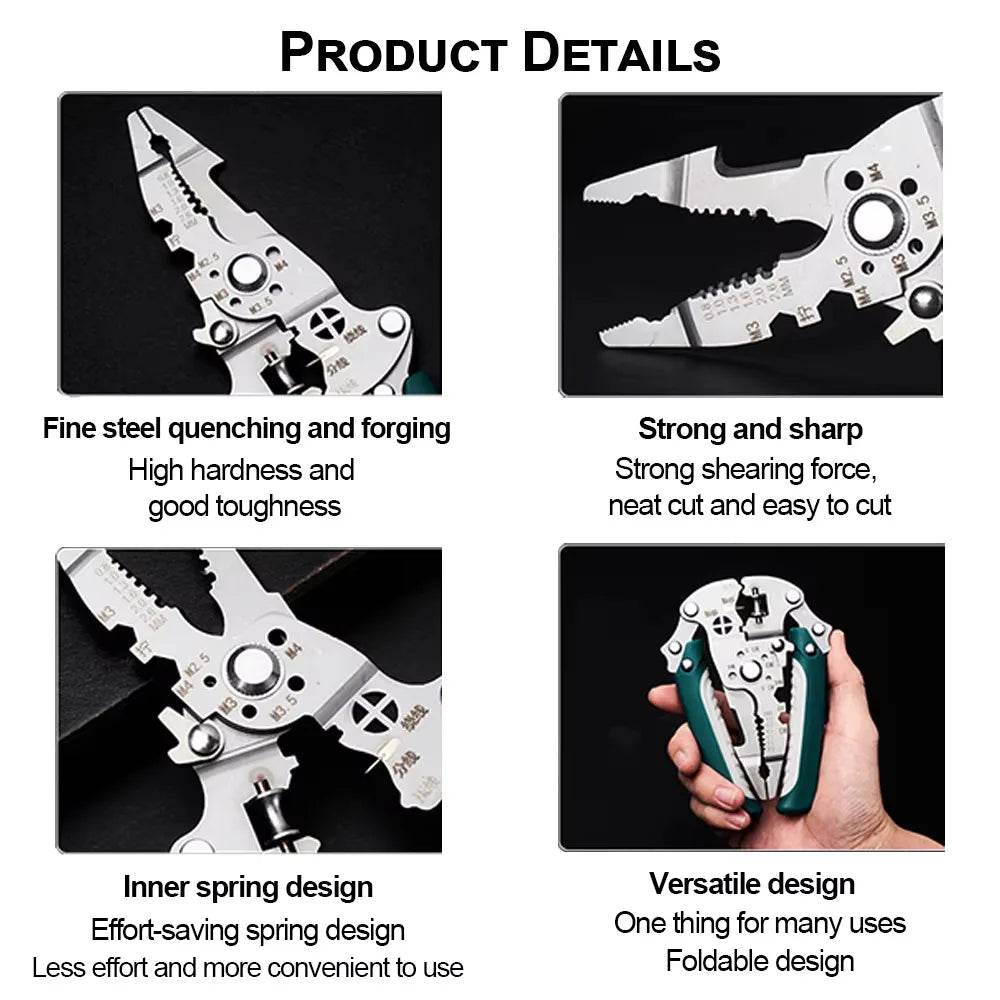 Multifunctional folding electrician wire stripping and cutting pliers, wiring pliers, wire splitting and crimping pliers