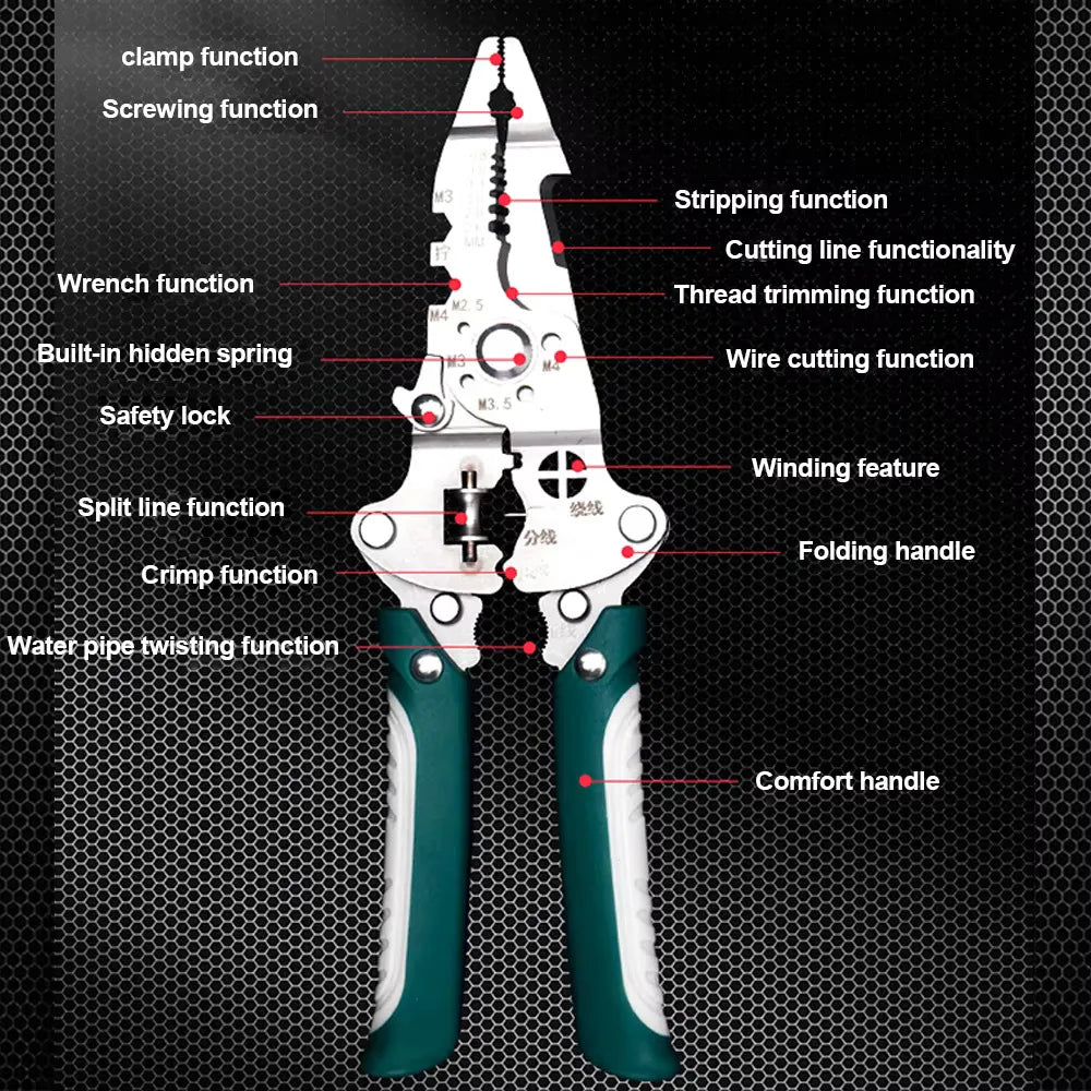 Multifunctional folding electrician wire stripping and cutting pliers, wiring pliers, wire splitting and crimping pliers