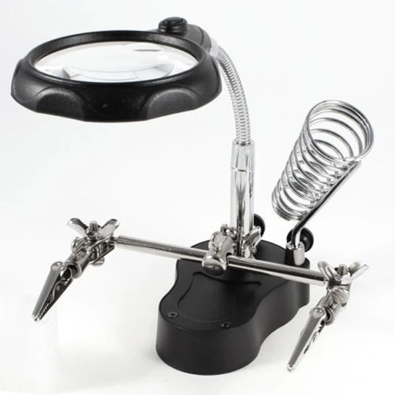 3 Hand Soldering Iron Stand Welding Tool With Magnifying Glass Illuminated LED Alligator Clip Holder Clamp Helping Repair