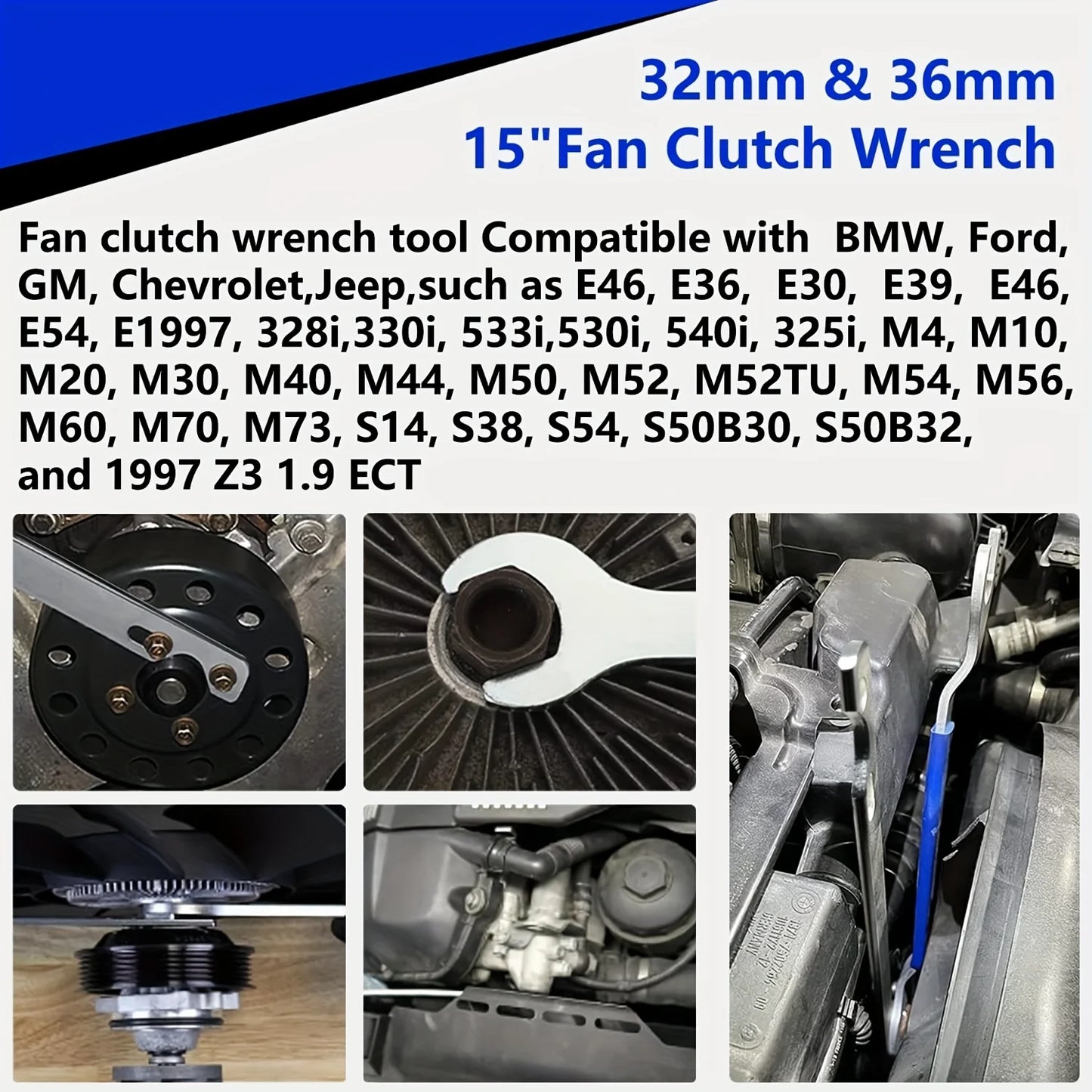 2Pcs Fan Clutch Removal Tool Kit, 32mm & 36mm Wrench Set with Water Pump Pulley Holder for BMW, Ford, GM, Dodge, Fan Clutch Tool