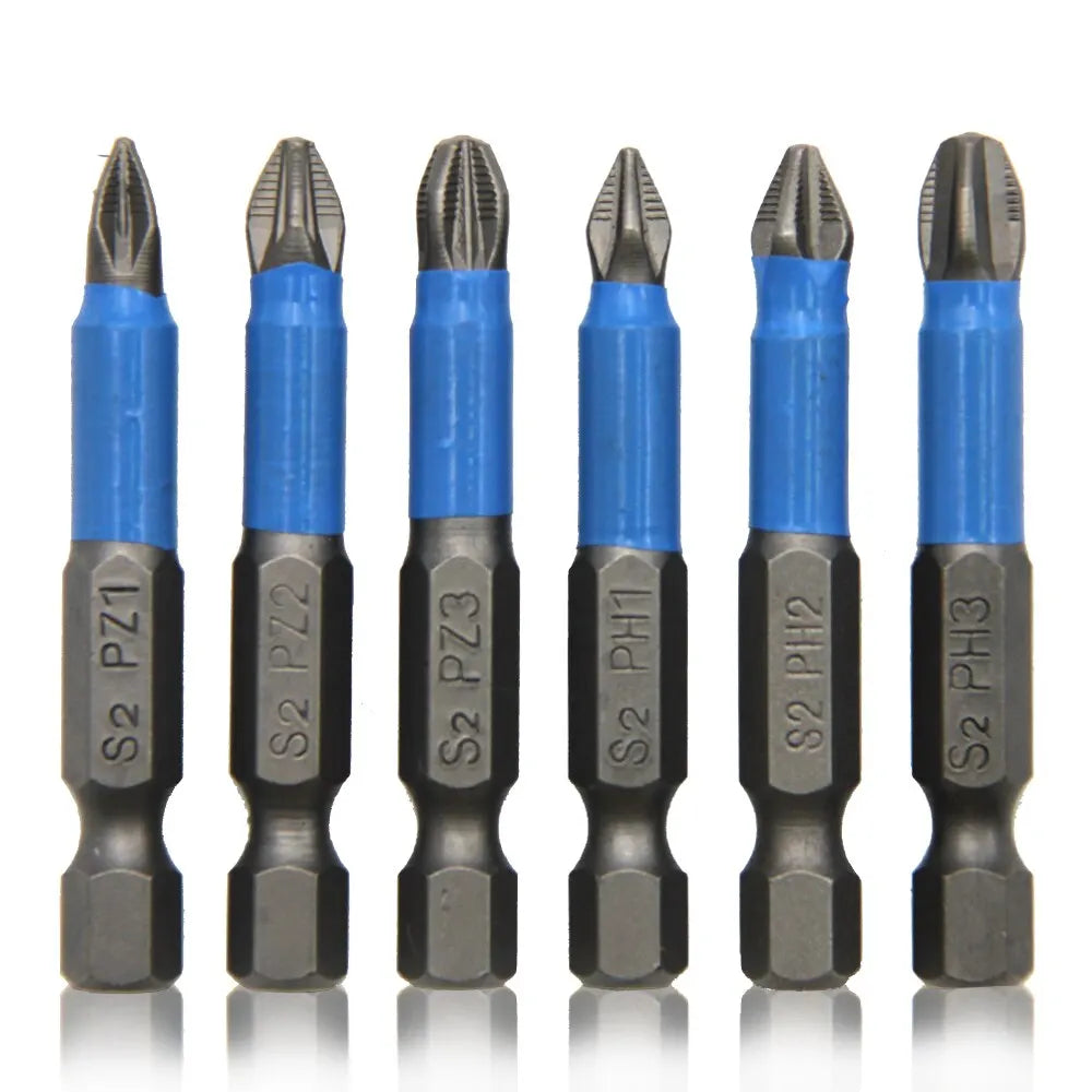 6Pcs Hex Shank Screwdriver Bit Set PH1 PH2 PH3 PZ1 PZ2 PZ3 S2 Steel Anti Skid Cross Head for Woodworking Repair