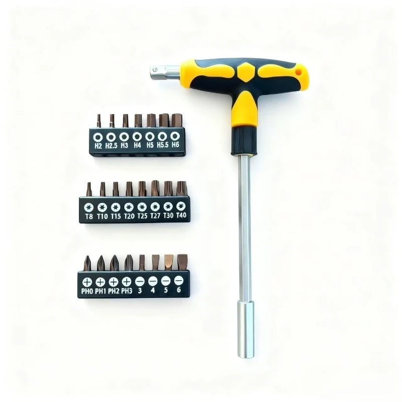 Screwdriver Set with T-Shape Cross and Straight Slot Hexagon and Plum-Shaped Heads Plus Socket Set for DIY Lovers