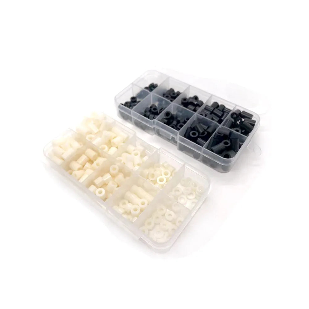 200pcs/set M3 M4 10 Sizes Black White ABS Nylon Plastic Non-Threaded Spacer Hollow Standoff Washer Set Box Assortment Kit