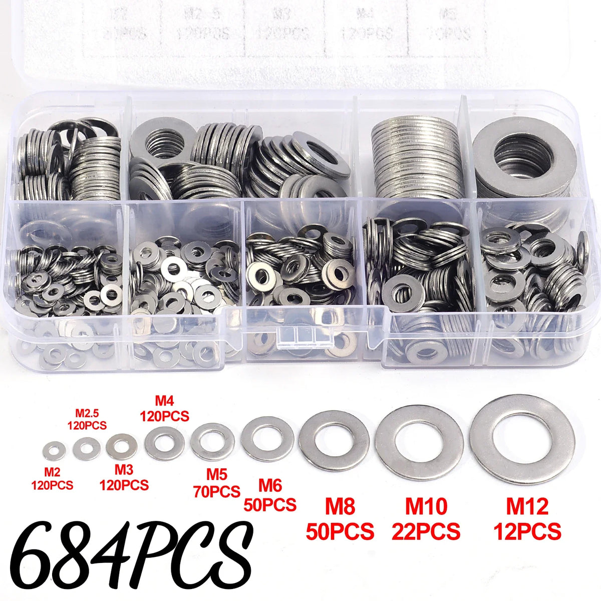684/180PCS Stainless Steel Screw Washers Multi-function Plain Washer Gaskets Assortment Kit Sturdy Hardware Metal Washers M2-M12