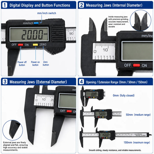 0-150mm Carbon Fiber Digital Vernier Caliper, Dual MM/INCH Unit, Measure Inner/Outer Diameter of Jewelry, Hardware Mechanical Pa