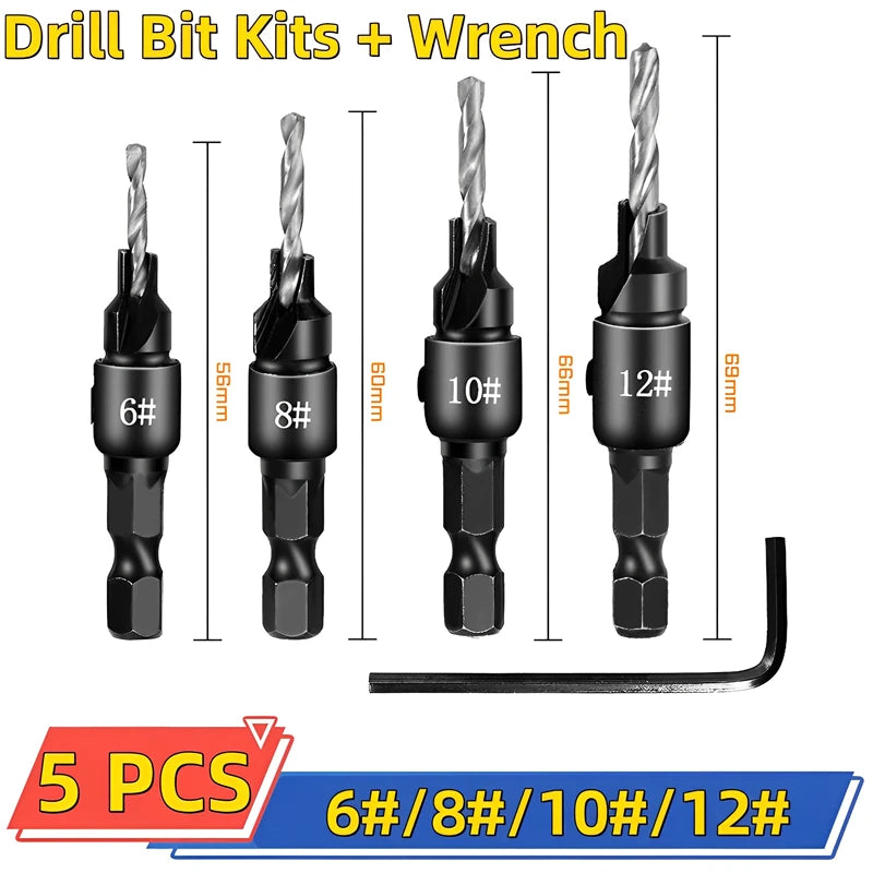 5pcs Countersink Drill Woodworking Drill Bit Set Drilling Pilot Holes for Screw Sizes #5 #6 #8 #10 #12 Cutter Screw Hole Drill