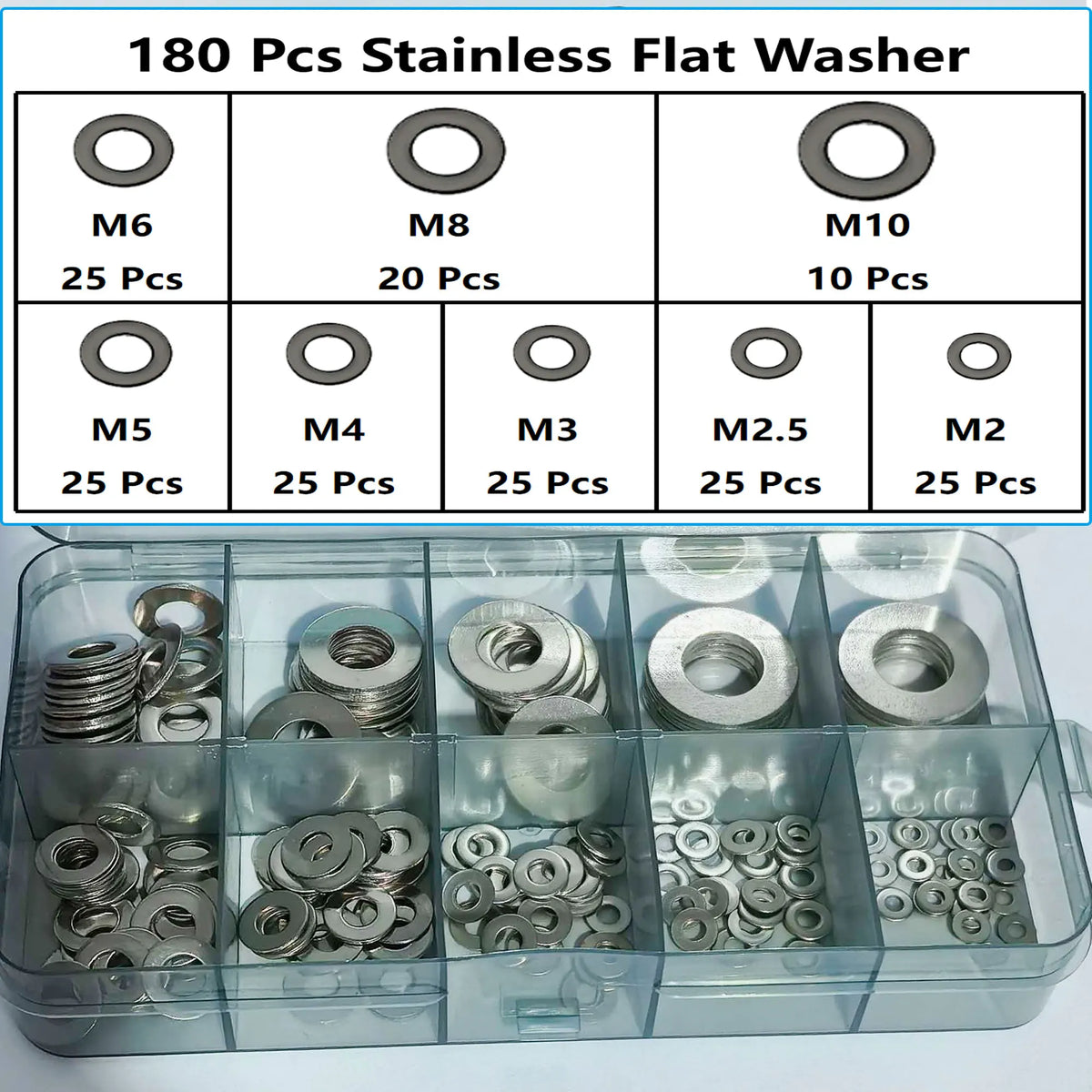 180Pcs Stainless Steel Locking Flat Washers/Spring Washers/Nut Combination Kit, M2 M2.5 M3 M4 M5 M6 M8 M10 Locking Spring Washers, Flat Washers and Nuts Hardware Tool Set, Stainless Steel Anti-Slip Fasteners Multi-Combination Set