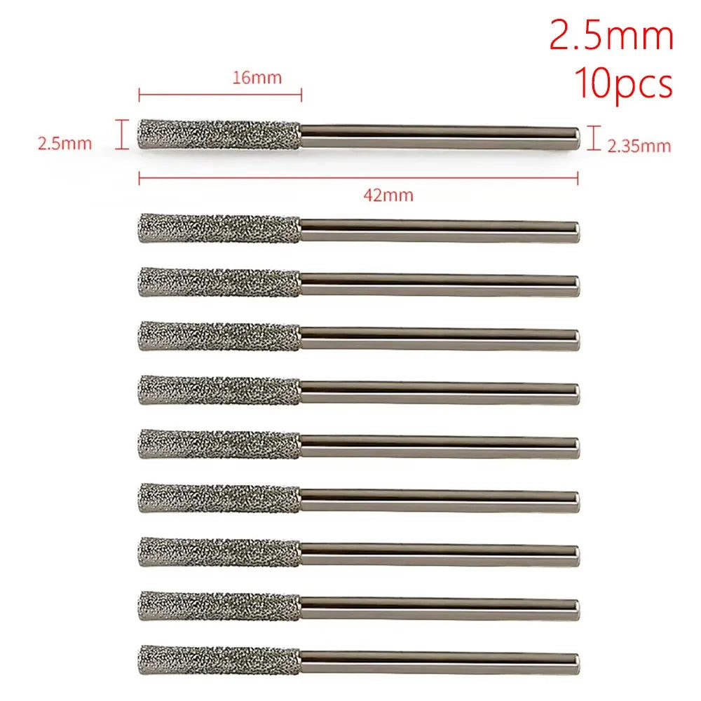 10Pcs 0.8-2.5mm Diamond Coated Drill Bits 2.35mm Shank Silver Polishing Head Grinding Burr Bits Glass Jade Amber Jewelry Diamond