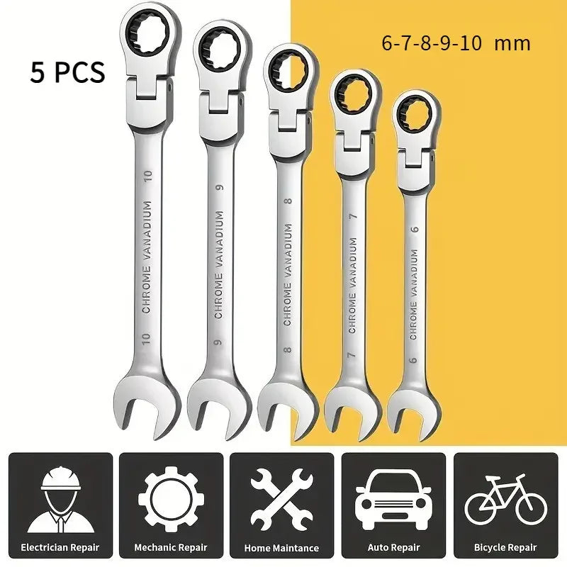 5pcs Flex Head Ratchet Wrench Set, Metric, Chrome Vanadium Steel Combination Spanner Key Wrench Kits Hardware Hand Tool