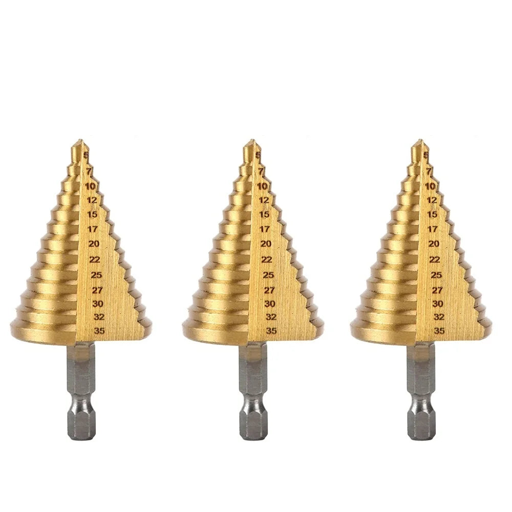 5-35 Gold Titanium Plate Pagoda Drill Hexagonal Straight Groove Step Drill Bit Wood Plastic Aluminum Hole Expand Tool Accessory