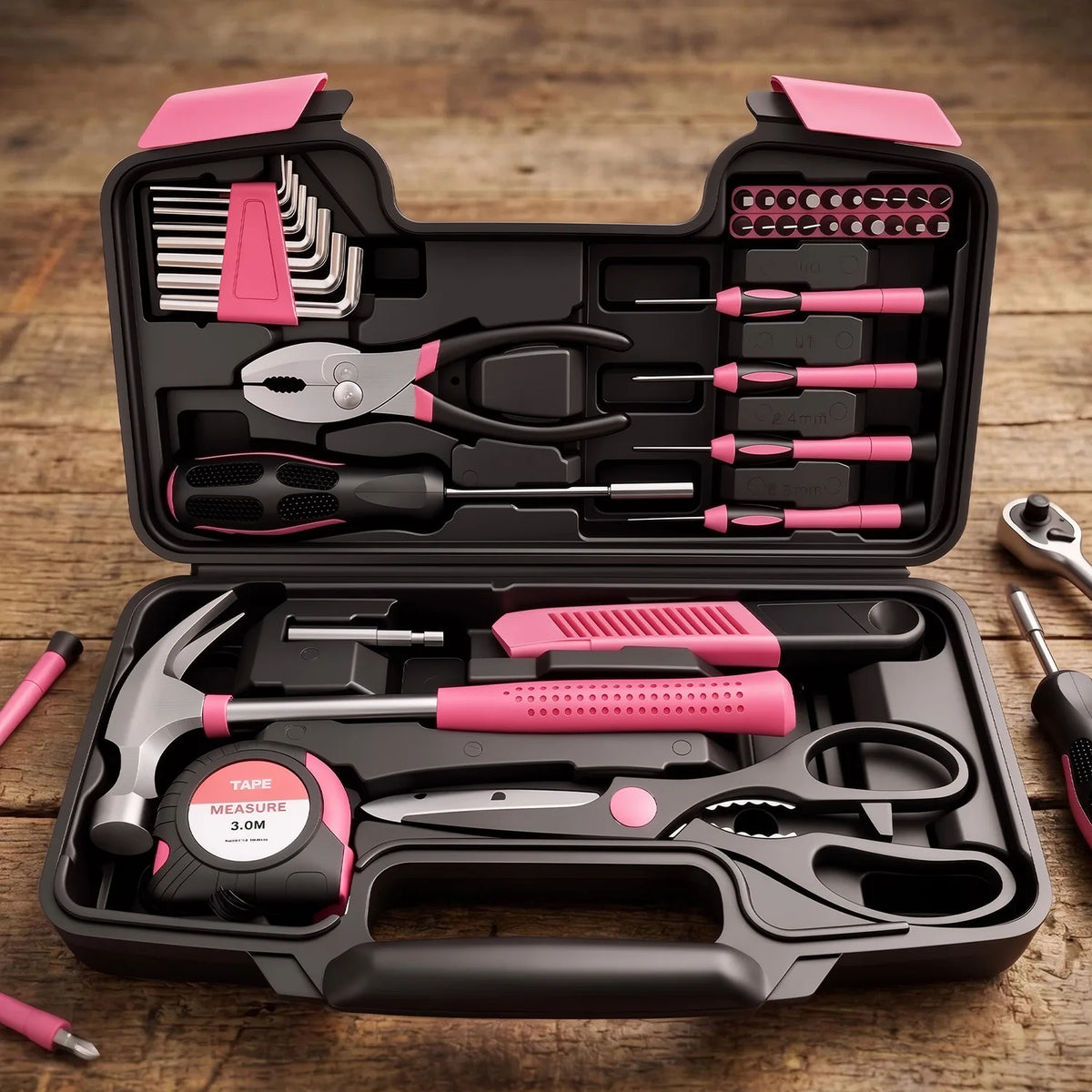 39Pcs Pink Household Hand Tool Kit, Hardware Repair Tool Box with Hammer Pliers Screwdriver Tape Measure Scissors for Home DIY