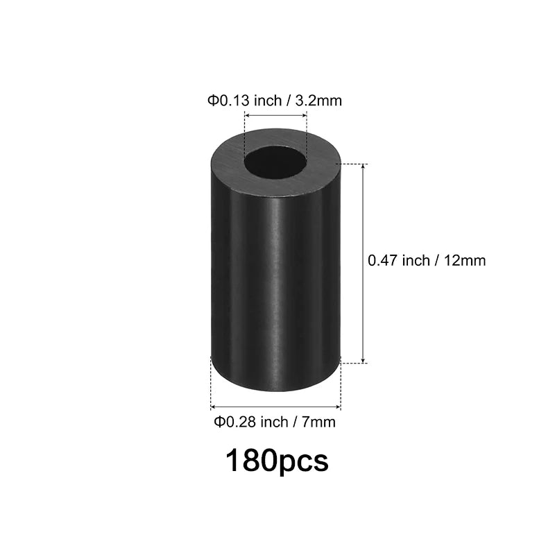 50-250 Pcs, Black Nylon Washers, 3.2mm ID 7mm OD 2-35mm Length Round Plastic Spacer Washer Standoff Non-Threaded for M3 Screws