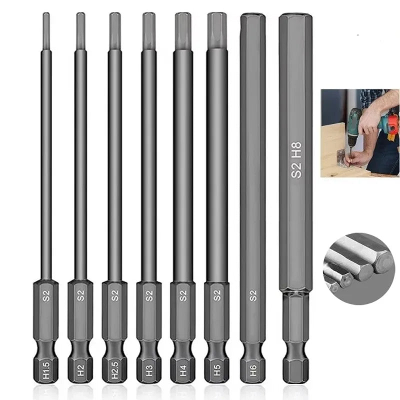 1/4" 100mm Hex Shank Head 8Pcs SAE Metric Allen Wrench Screwdriver Socket Bit Metric Magnetic Screwdriver Bits Set