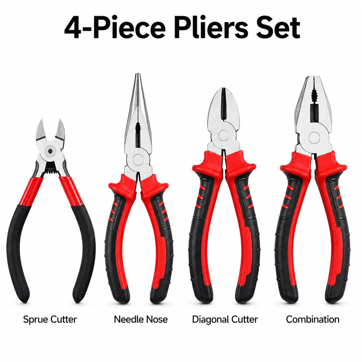 4 Types Pliers Set, Sprue Cutter Needle Nose Diagonal Cutter Combination Pliers for Wire Cutting Twisting Gripping DIY Repair