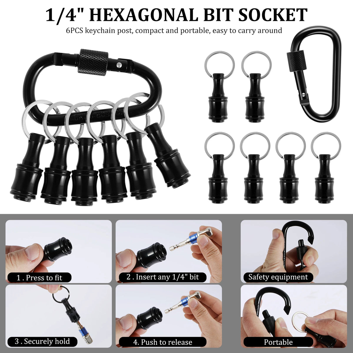 Bit Holder With Carabiner 1/4"Hex Shank Alloy Screwdriver Bits Holder Quick-change Extension Bar Keychain Drill Screw Adapter