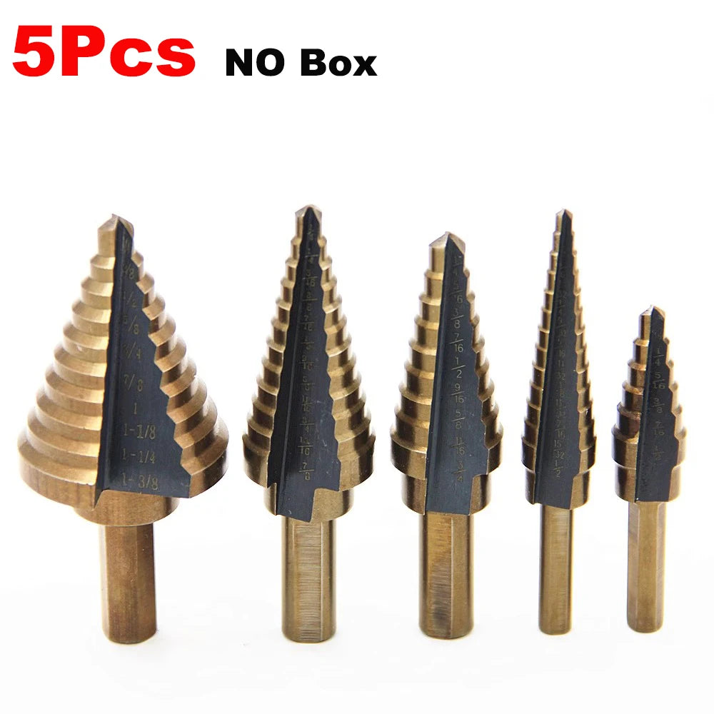 5pc British System Roasted Yellow Triangular Straight Groove Step Drill Blackened Pagoda Drill Hole Opener Aluminum Box Tool