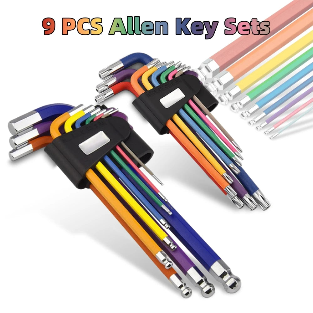 Allen Key Sets 9 PCS Hexagon Spanner Colorful Universal Hex Wrench Screwdrivers Six-Lens Ball Keys Hand Tools for Bicycle Repair