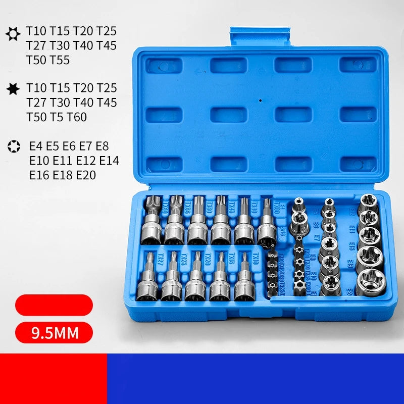 Professional 34pcs Torx Bit Socket & E-Torx Star Socket Set 1/4" 3/8" 1/2" Drive Male Female E-torx Bits Handheld Tool with Case
