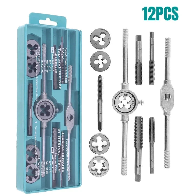 TINSOL Tap and Die Set Multifunction 12/20PcsM3-M12Metric Screw Thread Plugs Hand Screw Taps Straight Taper Tapping Thread Tools