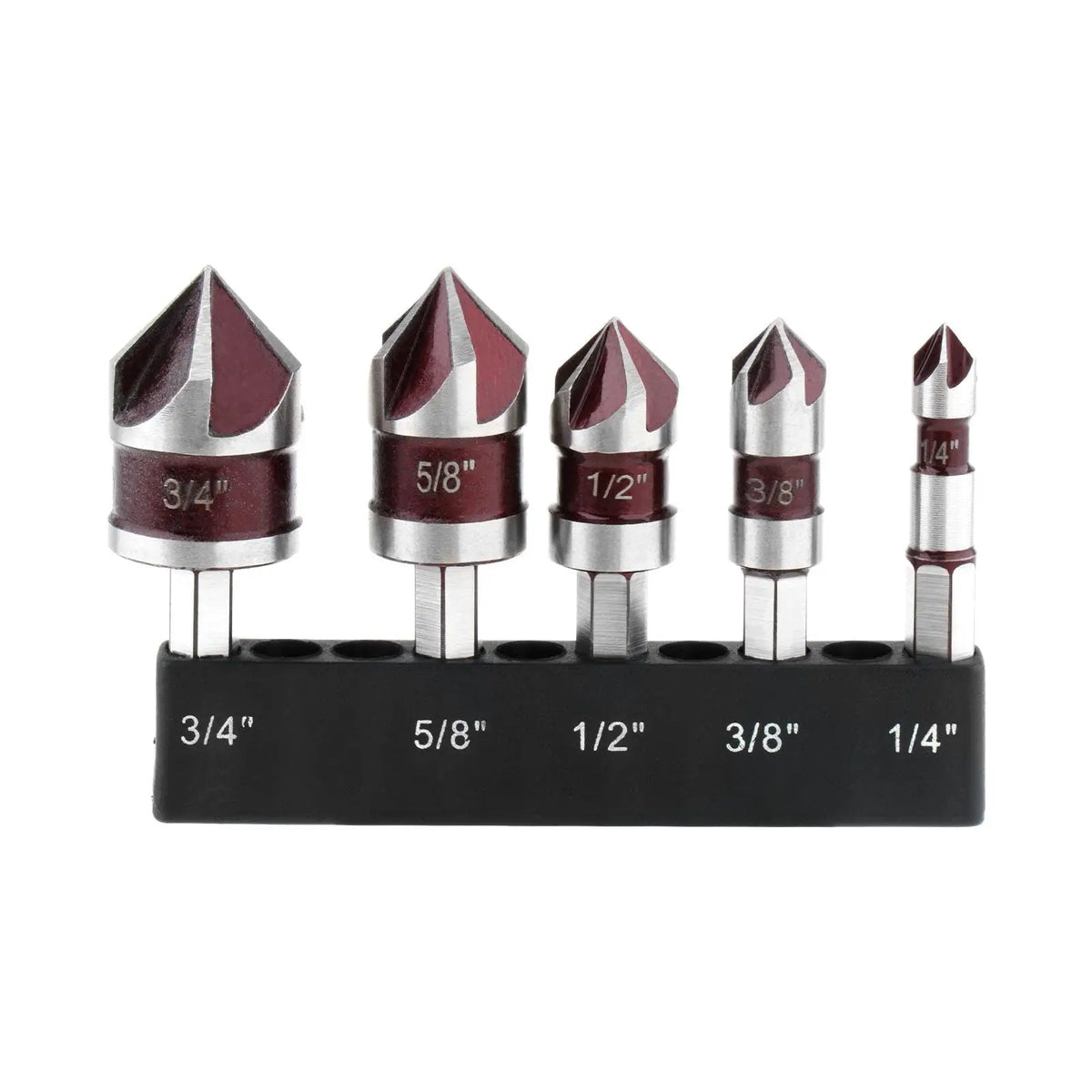 5pcs M35 Cobalt Countersink Drill Bit Set 5 Flute 82° 1/4" Hex Shank 1/4 3/8 1/2 5/8 With Holder Storage Strip for Metal Work
