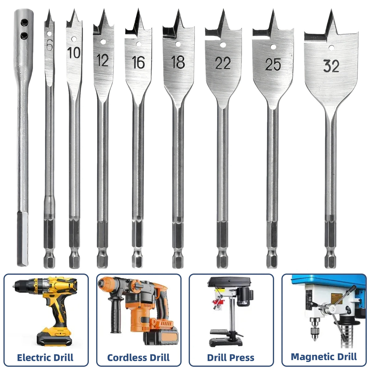 10PCS High Carbon Steel Spade Drill Bit Set, 6-32mm Hex Shank Wood Boring Bits with Extension Rod & Hex Key