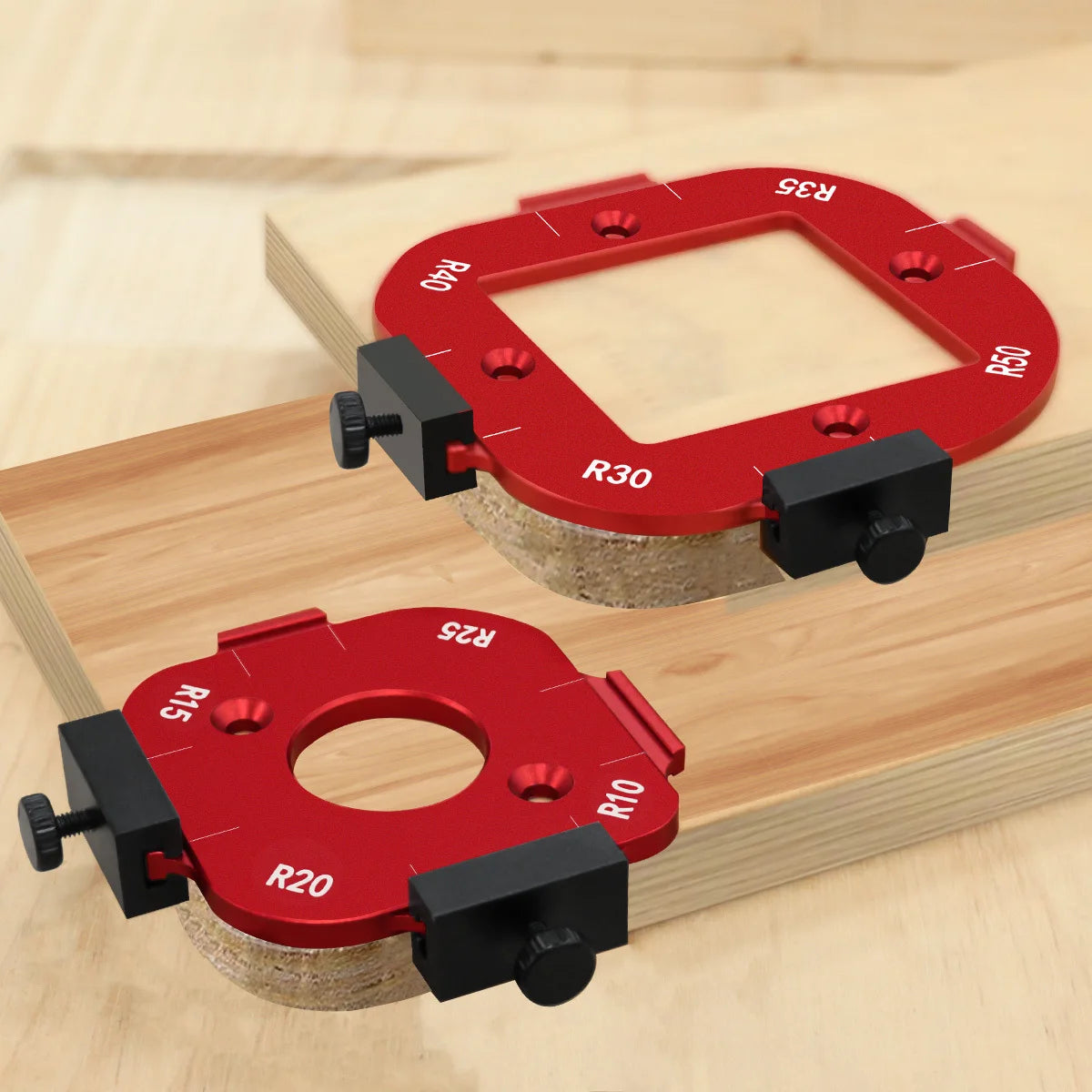 Aluminum Round Corner Radius Template Set - Router Table Jig for Woodworking, Arc Cutting Aid with Removable Clip, Sizes R10-R50