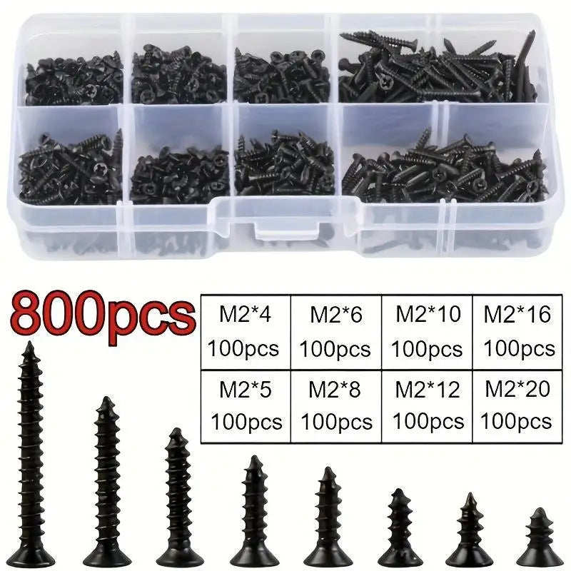 Locking Screws And Wood Screws 400/800PCS/1 Set M2 Black Self Tapping Screw Assortment Kit