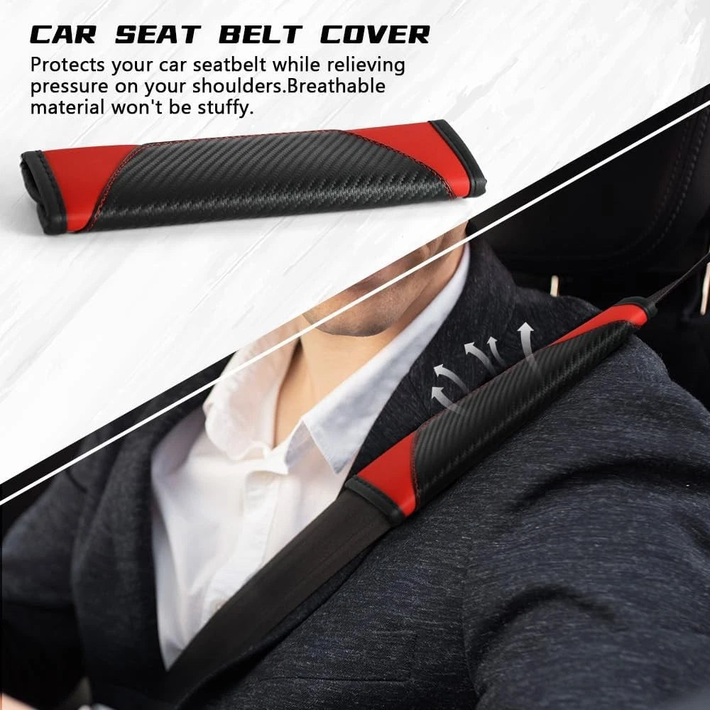 2PCS Car Seat Belt Cover Pad, Soft Carbon Fiber Leather Seatbelt Shoulder Red
