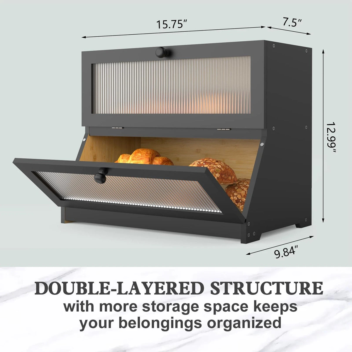 LOHASOK Double Layer Bamboo Bread Box for Kitchen Counter-Large Black