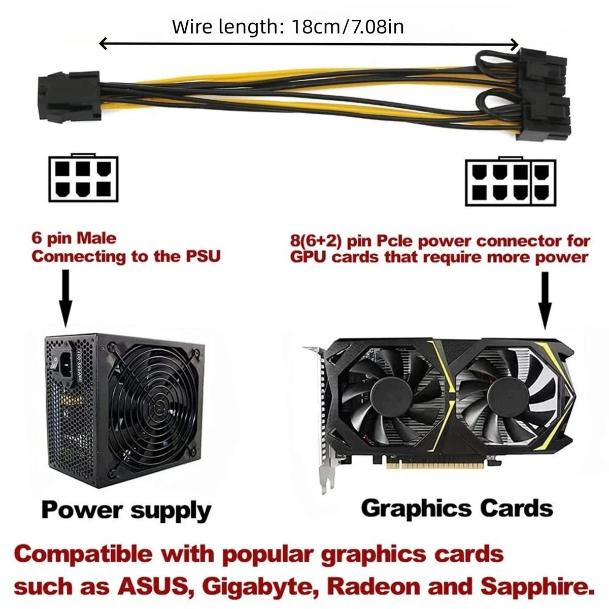 For Video Card 6 Pin Female to Dual PCI-E 8 Pin Adapter Cable Replacement