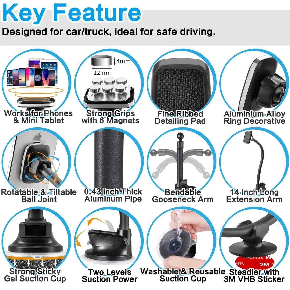 1Zero Magnetic Phone Car Mount 14-Inch 14 inches,