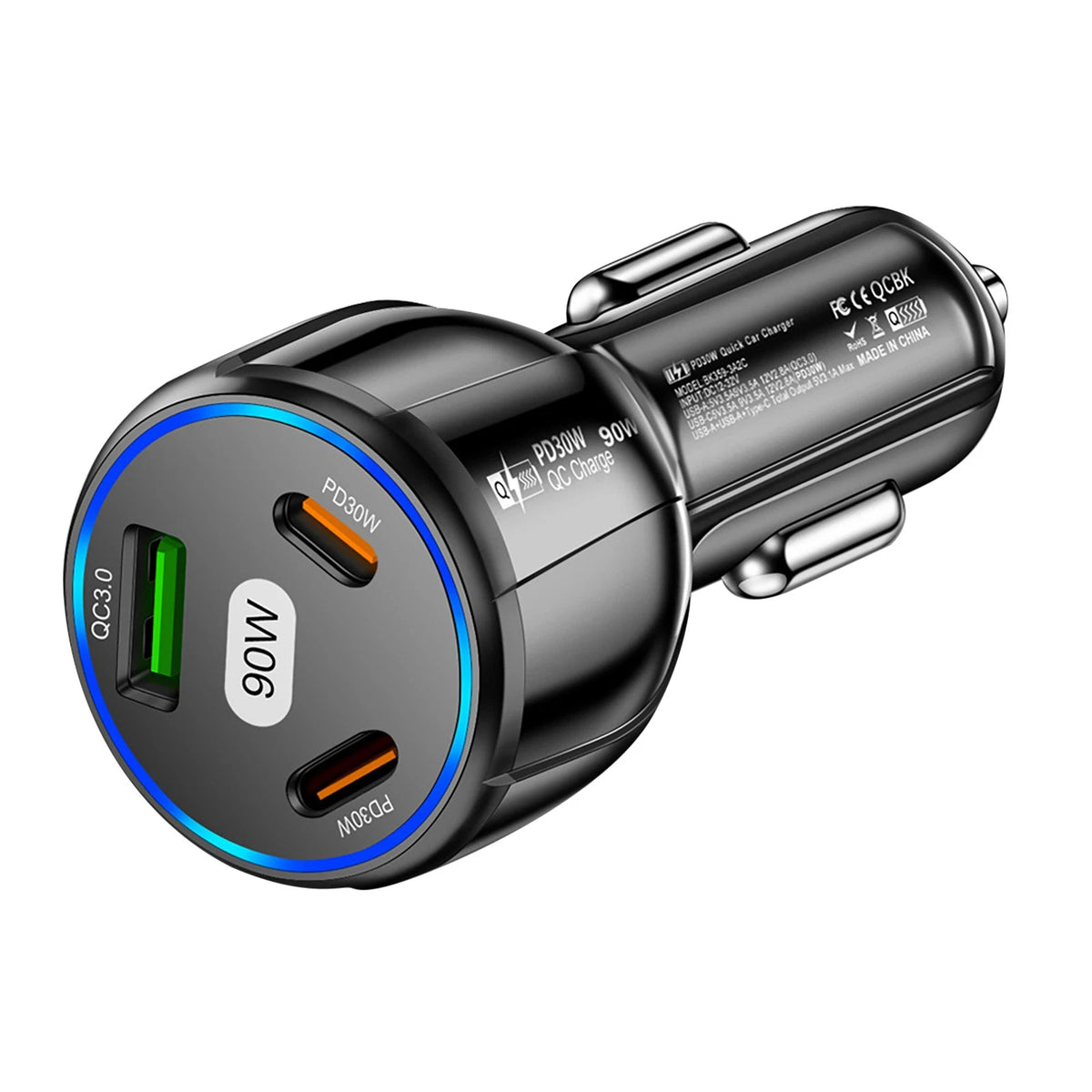3 Port 90W Car Charger PD 30W QC3.0 Type C Cigarette Lighter USB Charger