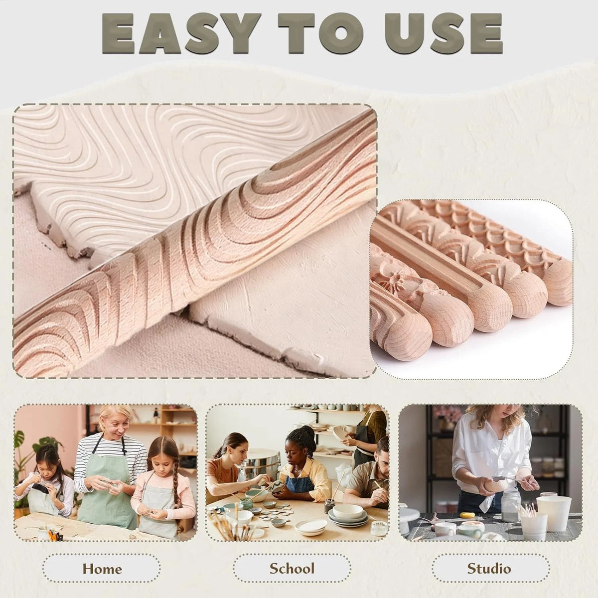 Krbnk 11 Pcs Clay Pottery Tools Kit with 5 Texture Rollers,4 Wood