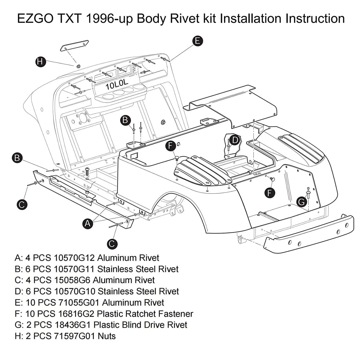 10L0L Golf Cart Complete Body Metal Rivet Hardware Kit for 1994+ EZGO TXT...