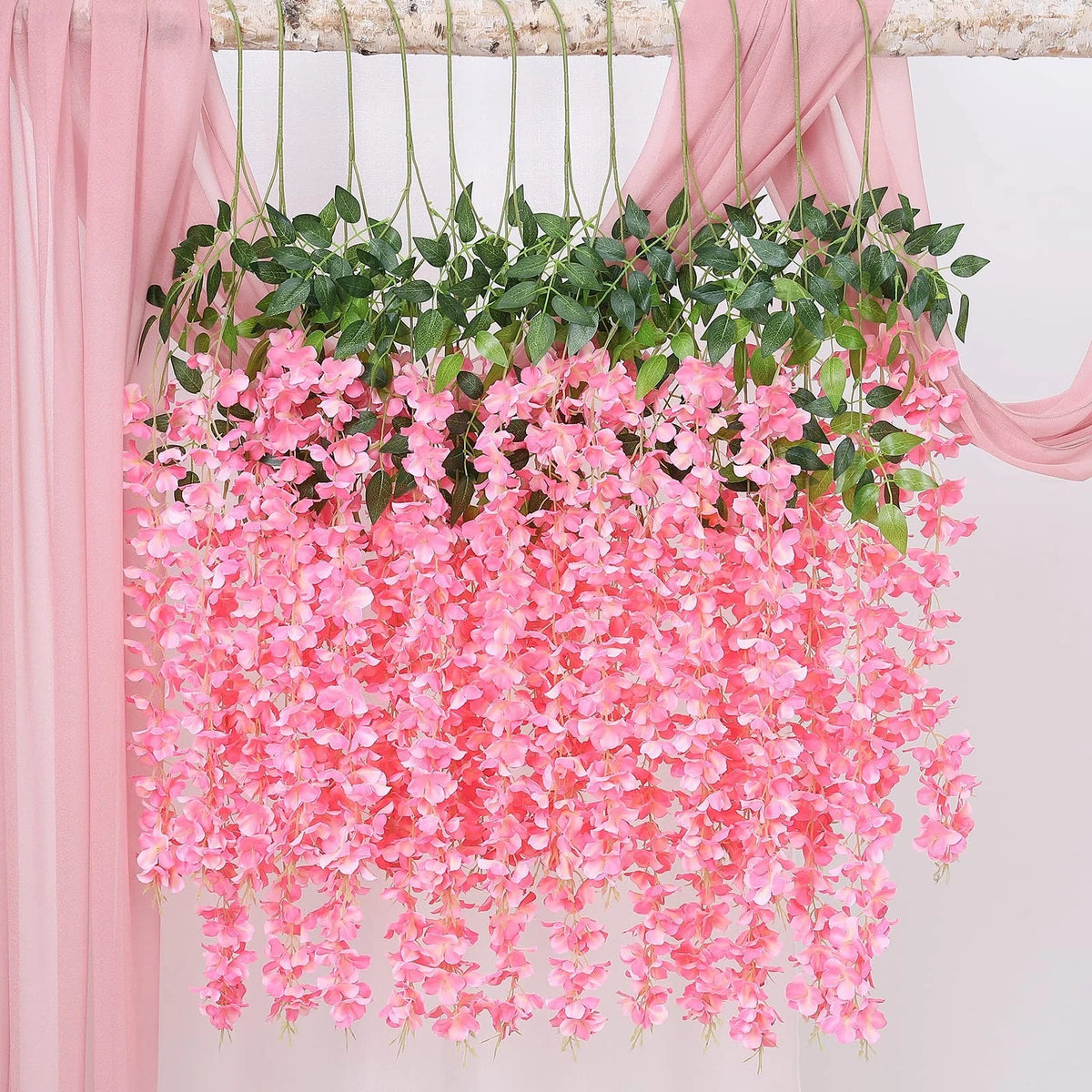 Duovlo 12 Piece Artificial Silk Wisteria Vine 3.6 Feet Ratta Dark Pink