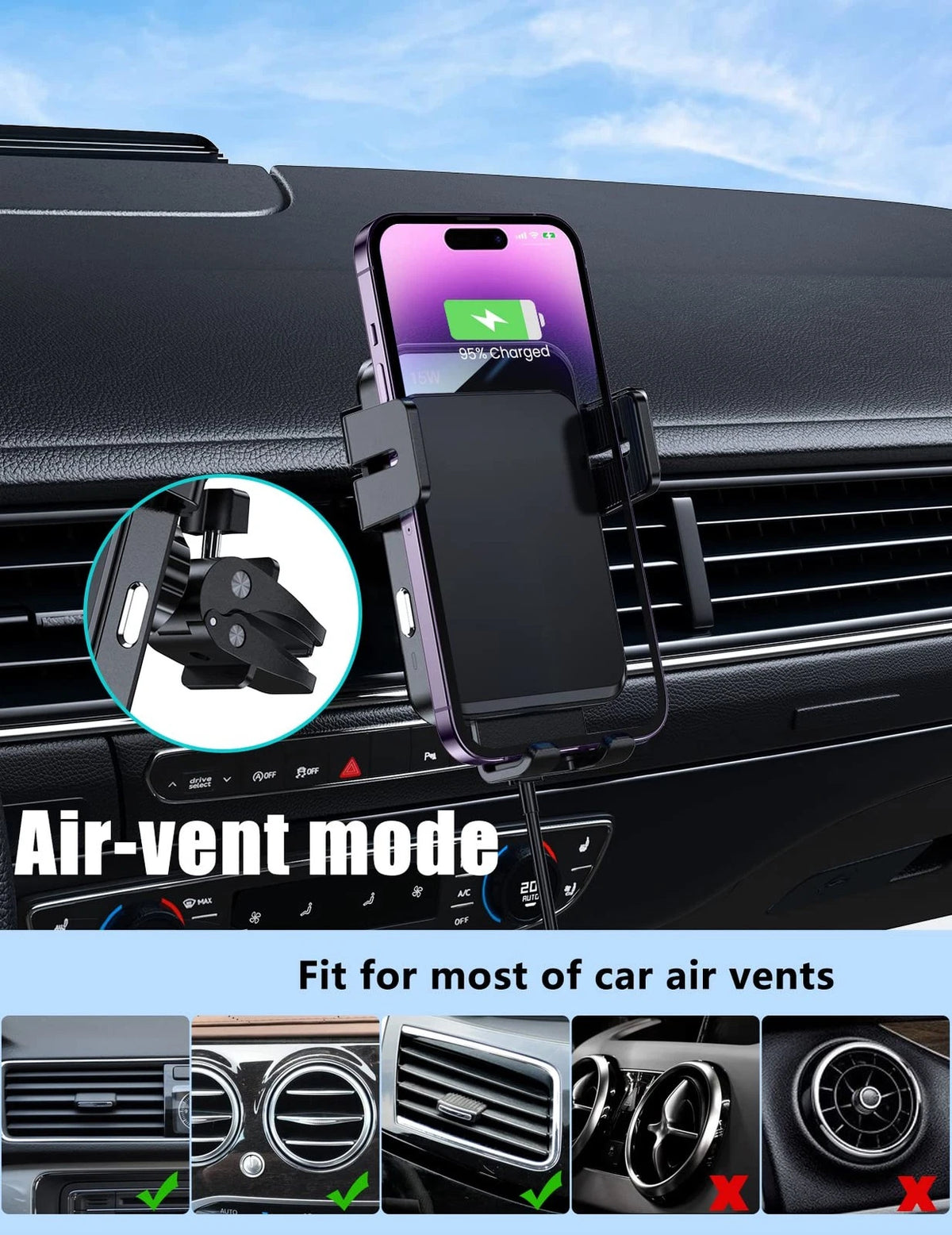 Wireless Car Charger, MOKPR 15W/10W/7.5W Cup Holder Phone Mount, Auto Black