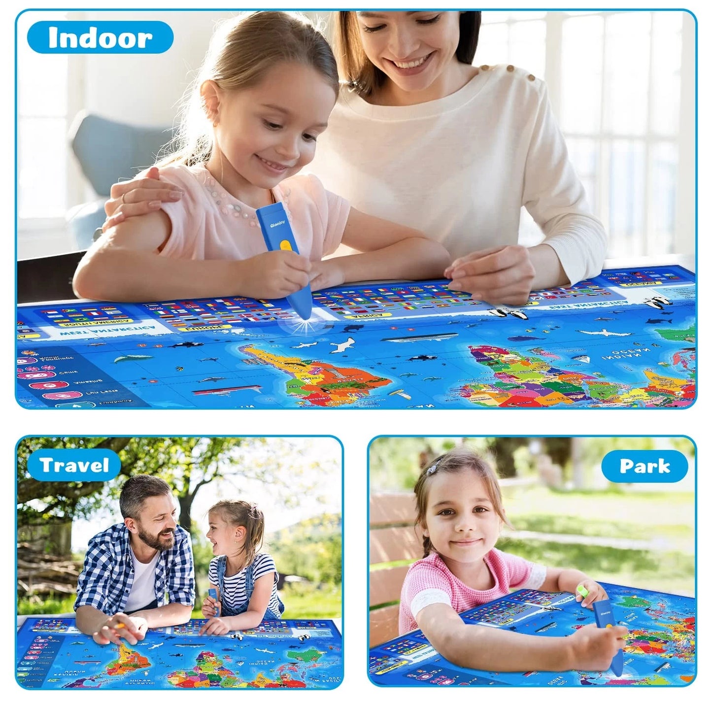 Qiaojoy Bilingual Interactive World Map for Kids Learning Large Poster, Blue