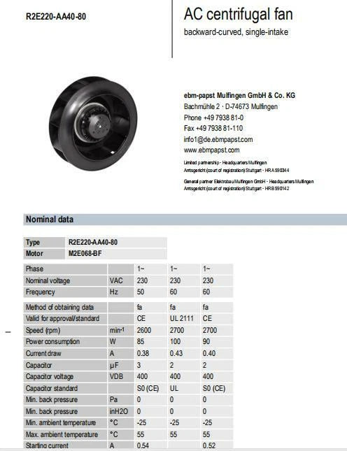R2E220-AA40-80 Ebmpapst Centrifugal Fan 230VAC 0.38/0.43A 85/100W Inverter Fan