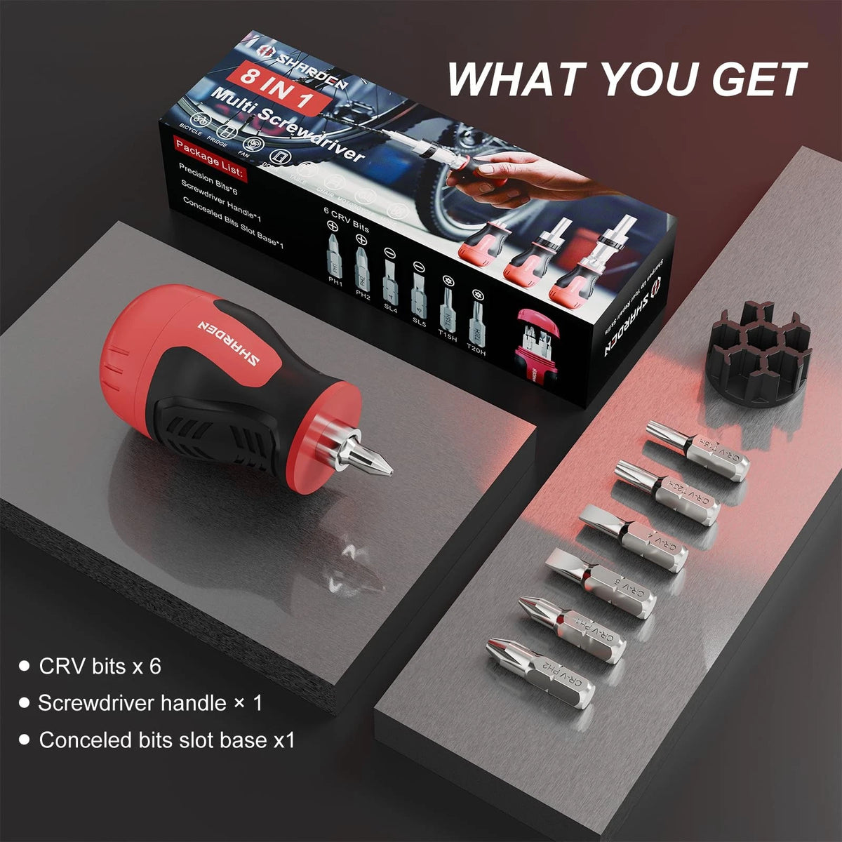 SHARDEN 8 in 1 Stubby Multi Screwdriver with 6 CRV Bits Standard, Red