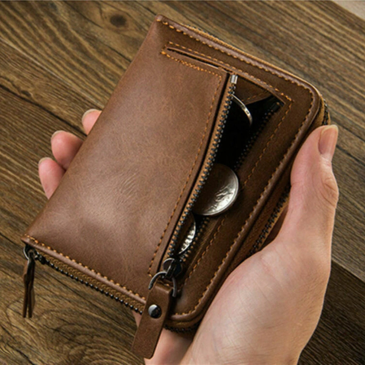 Fashion Men's Leather Business Wallet W/ Coins Pocket Zipper Purse Brown ww