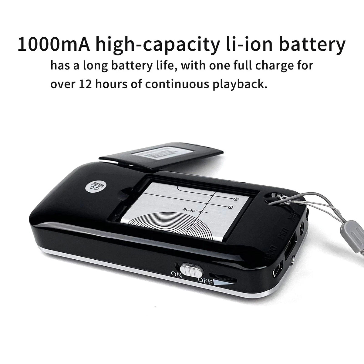 Portable Radio AM FM Digital Screen uses a rechargeable BL-5C lithium battery