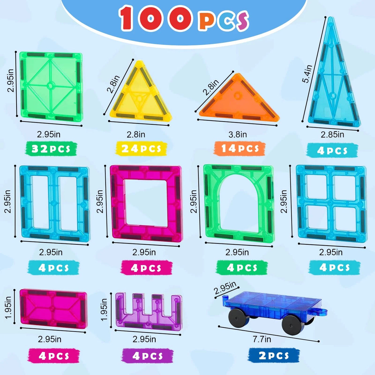 Gemmicc 100 PCS Magnetic Tiles with 2 Cars, STEM Approved 100 pcs, Multicolor