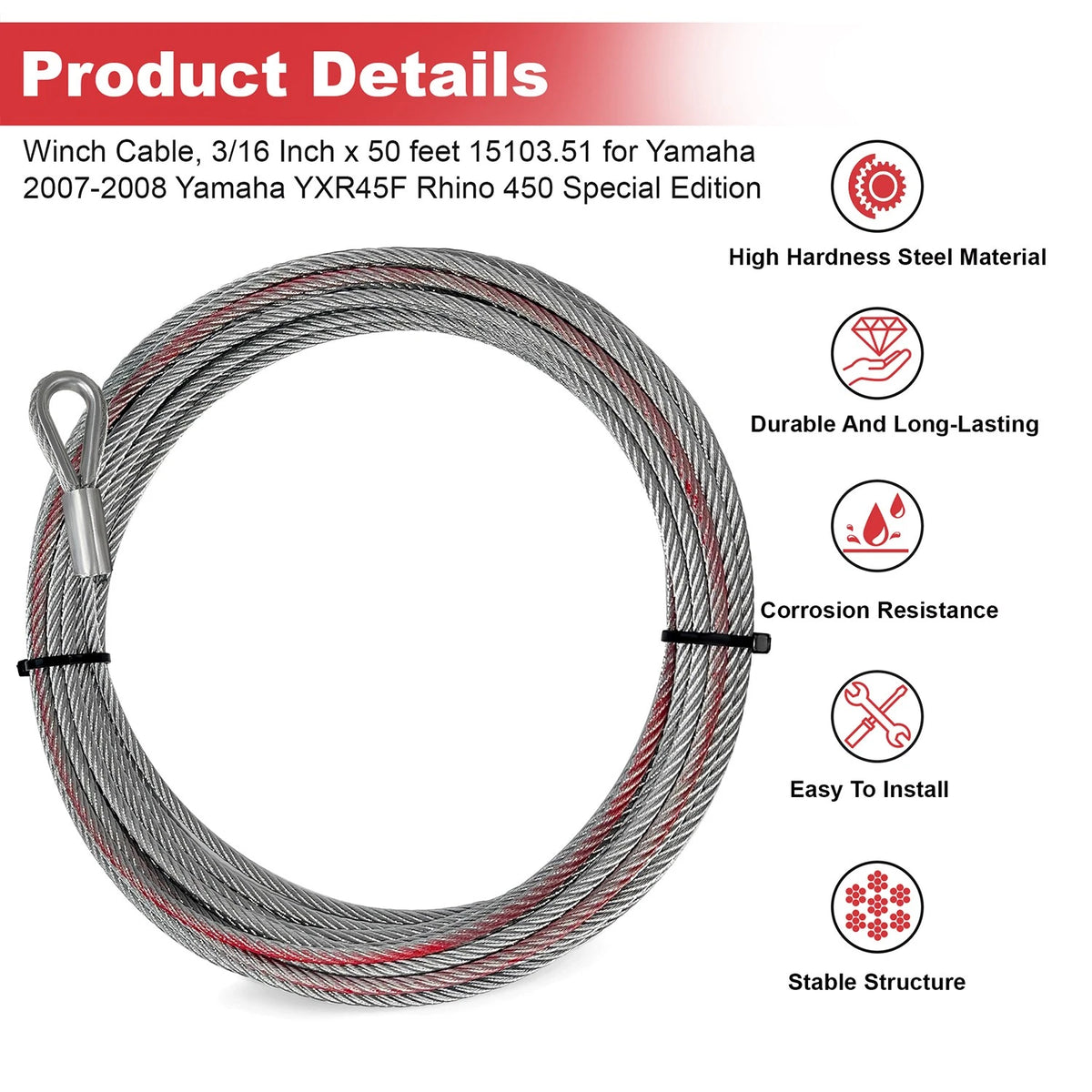 Winch Cable, 3/16 Inch x 50 feet 15103.51 for 2004-2007 Yamaha YXR66F Rhino 660