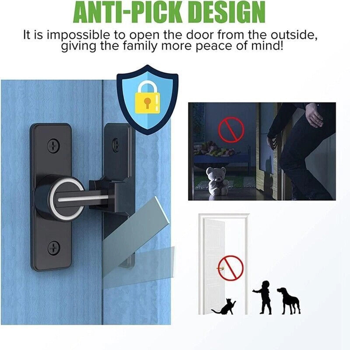 90° Keyless Interior Door Bolt Luminous Surface-mounted Room Door Latch ss