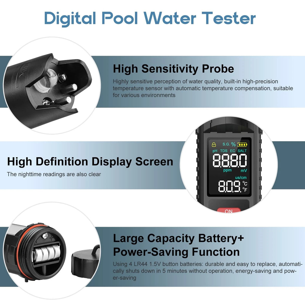 VEVARUN Digital 7-in-1 Water Tester, High Precision 0.01 pH & Salinity Black